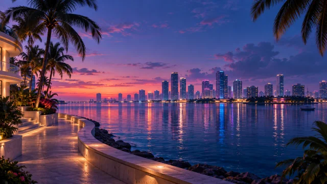 A quiet tropical waterfront and city skyline at twilight, in an original Focus illustration.