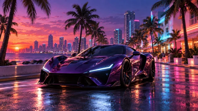A sports car on a neon-lit tropical city street at dusk, in an original Gaming illustration.