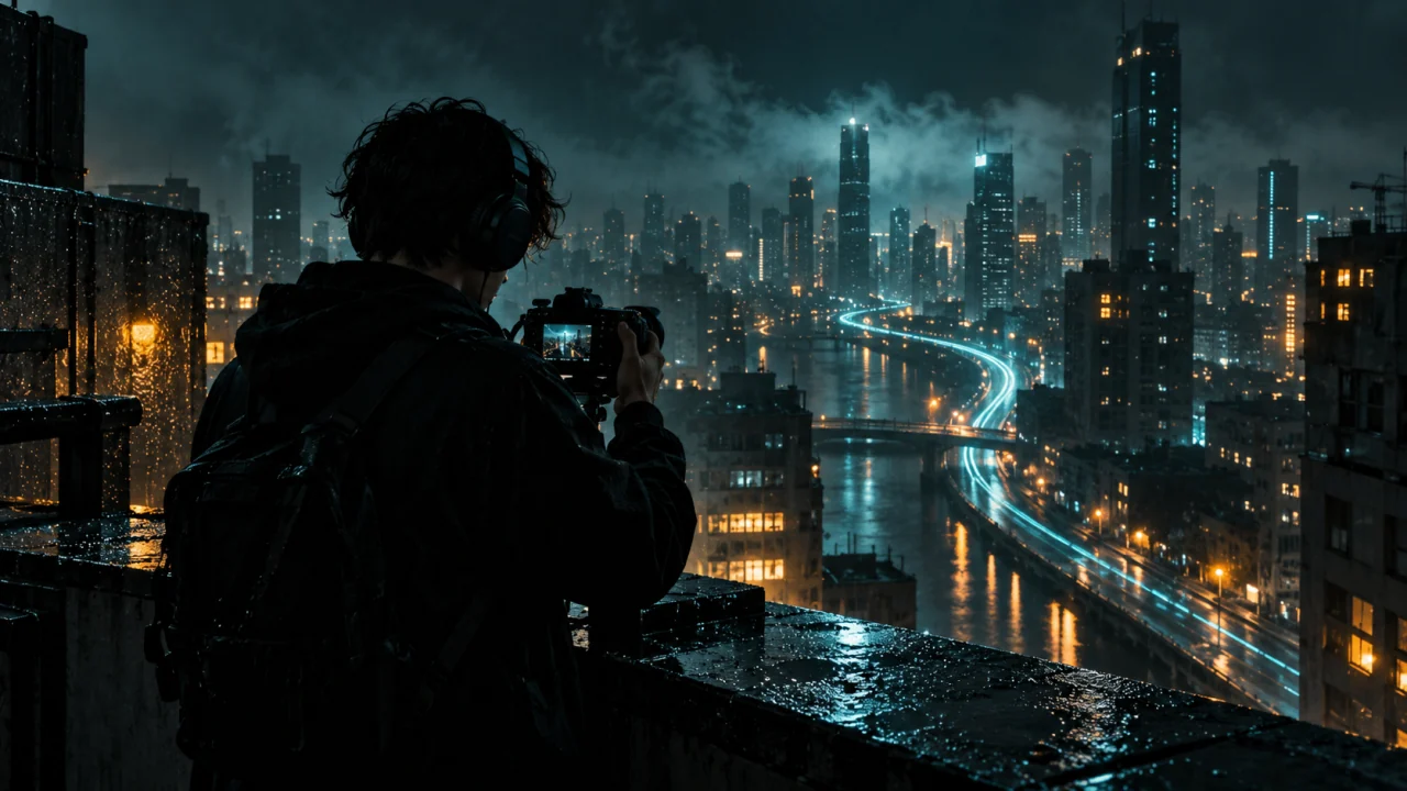 Ilustrace: tvůrce videí natáčí noční město osvětlené neony