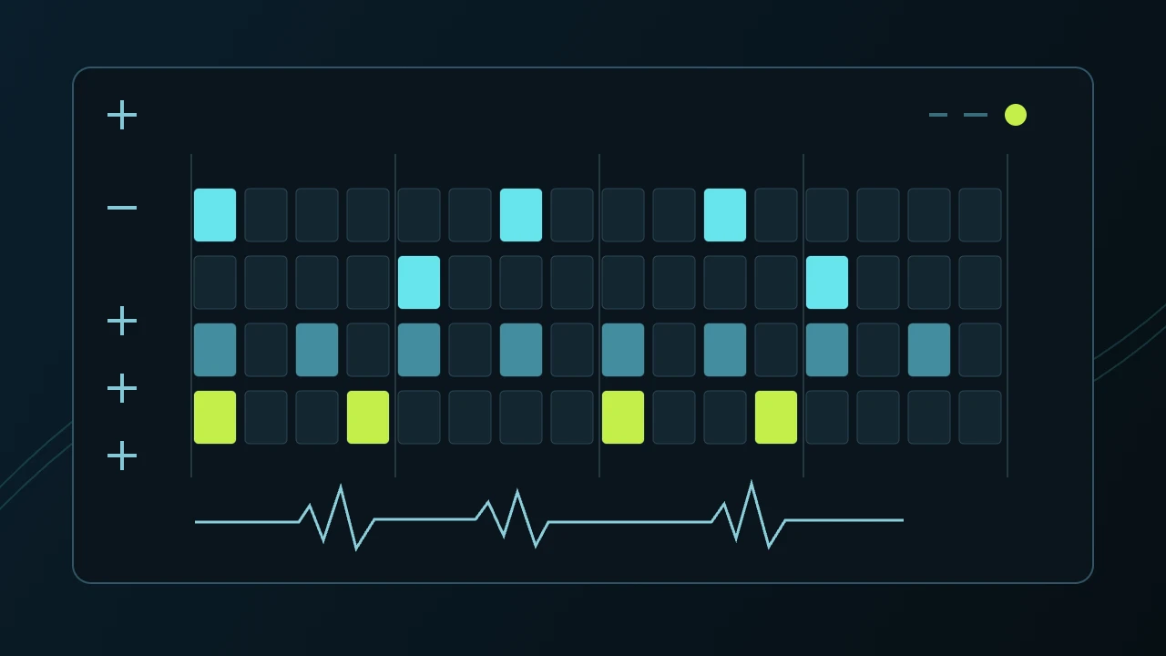 A one-bar practice grid: separate rows for kick, snare, hi-hat and four melody notes, divided into four beats.