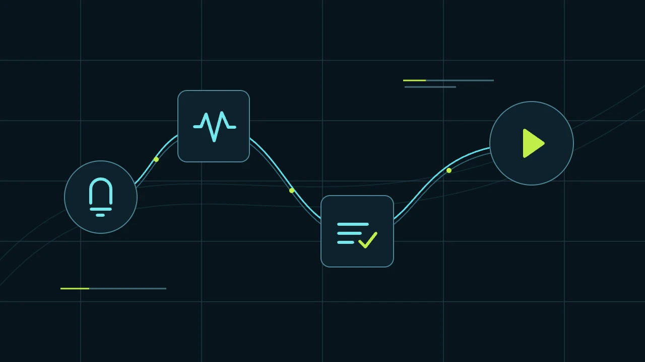 Four connected workflow nodes on a dark background: an idea, a musical rhythm, editorial review and publication for the listener.