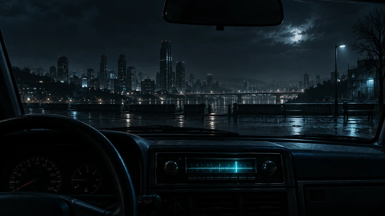 Ilustracja do artykułu: radio świeci we wnętrzu zaparkowanego samochodu z widokiem na puste nocne miasto.