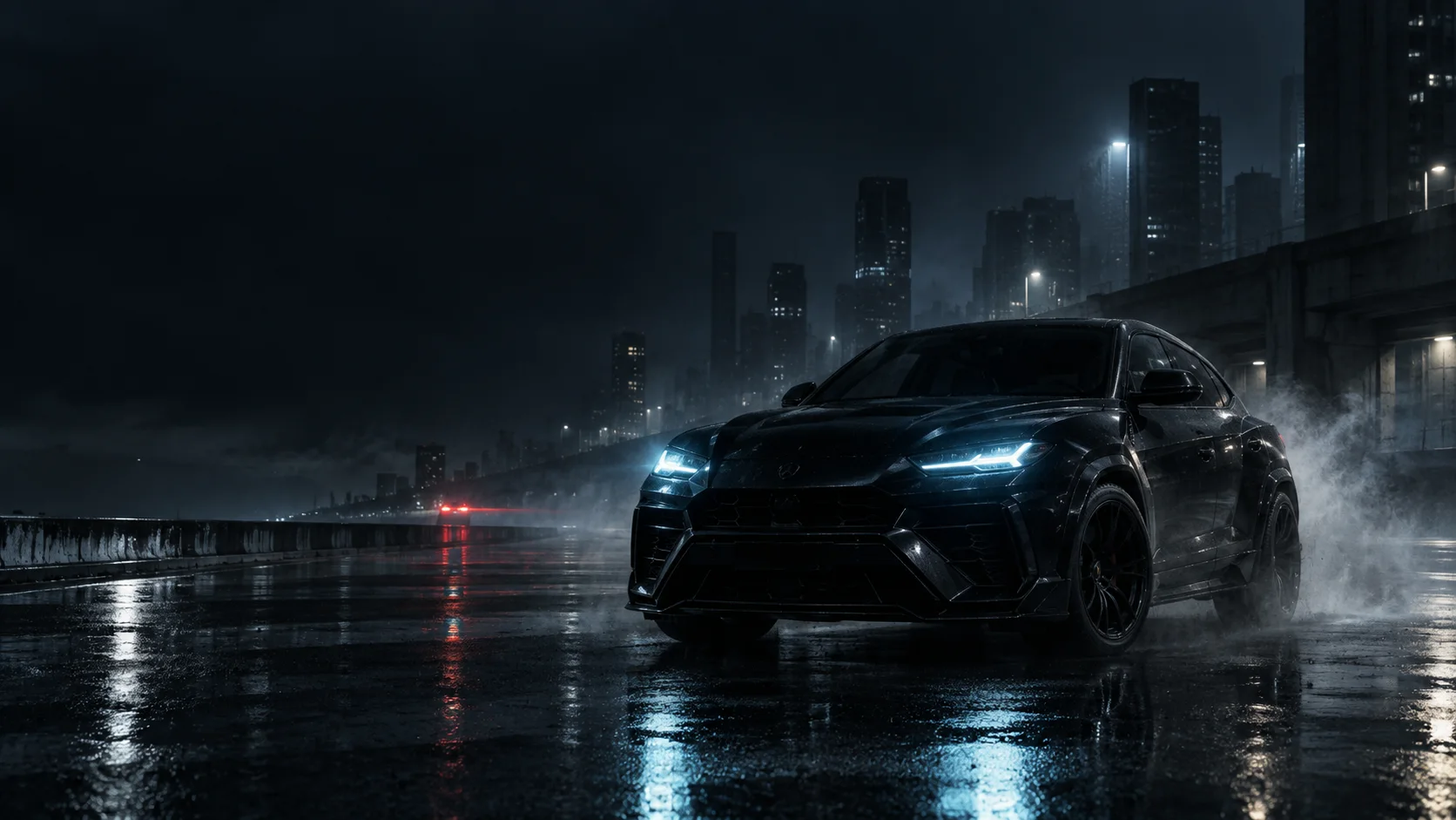 A black performance car on a city road after dark