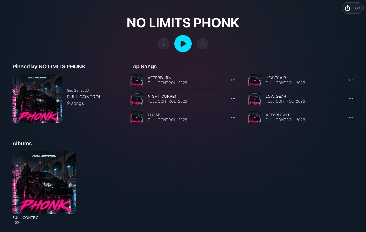 Publiczna strona artysty NO LIMITS PHONK w Apple Music z przypiętym FULL CONTROL