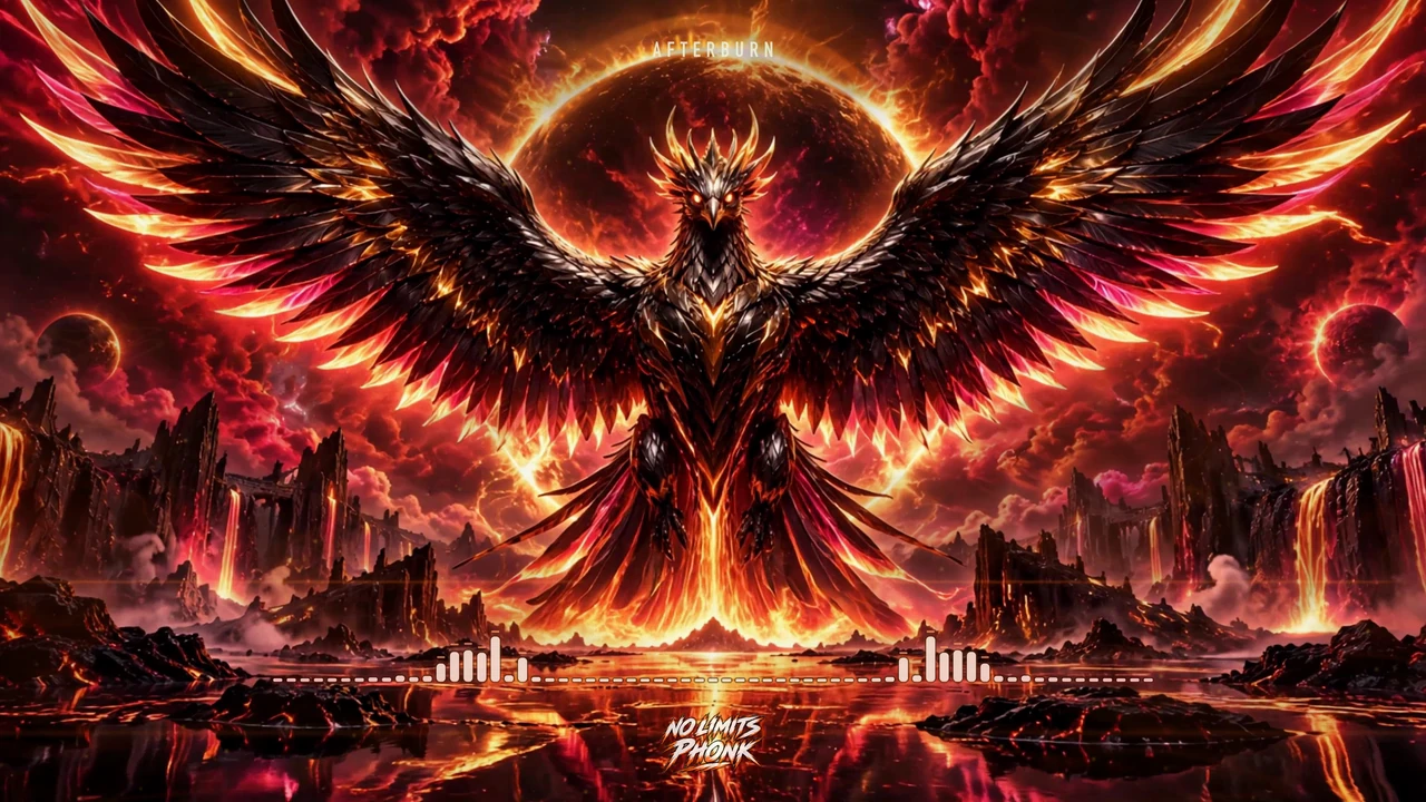 Black metallic phoenix spreading fiery wings beneath a burning eclipse.