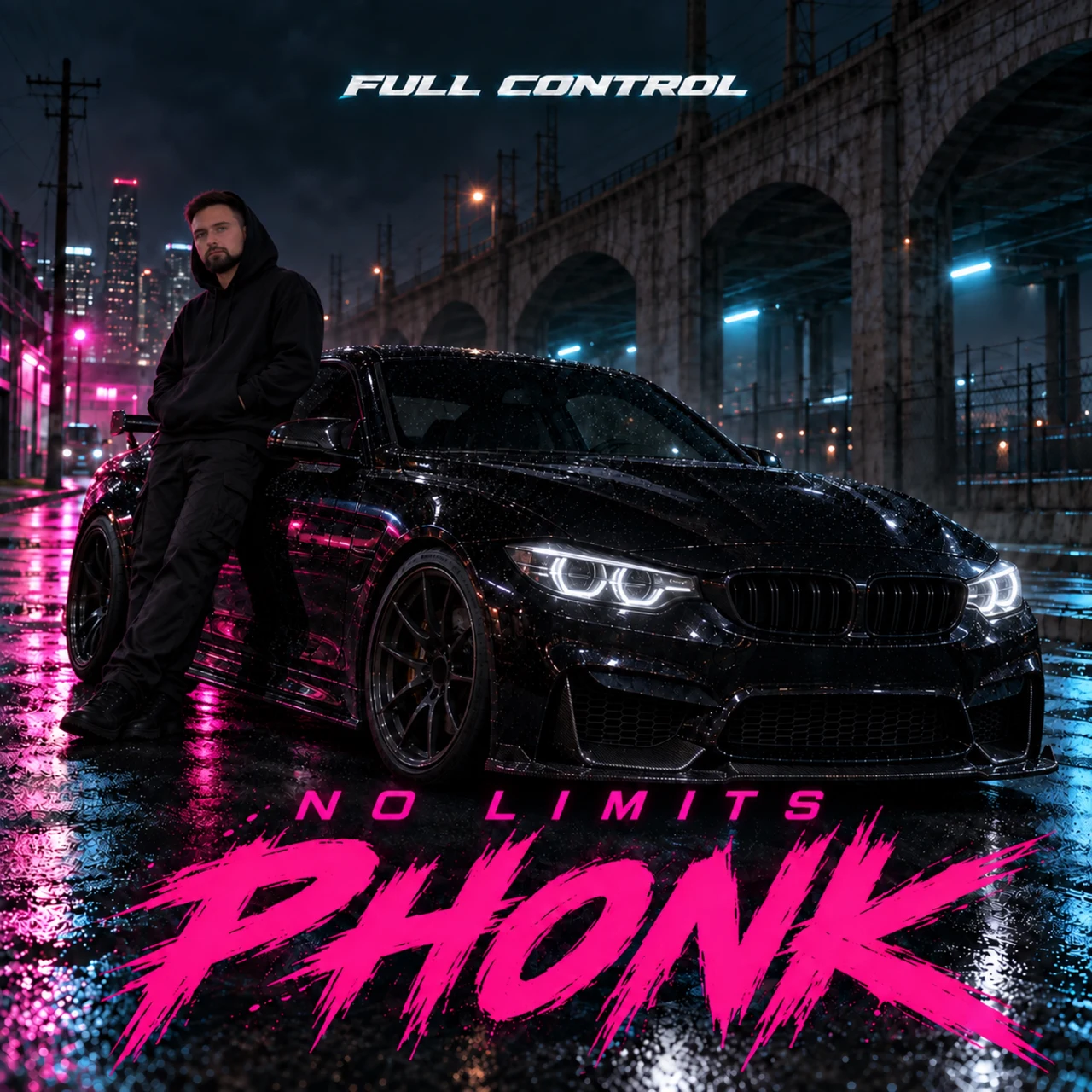 FULL CONTROL — Ruslan beside a black BMW M4, pink NO LIMITS PHONK lettering