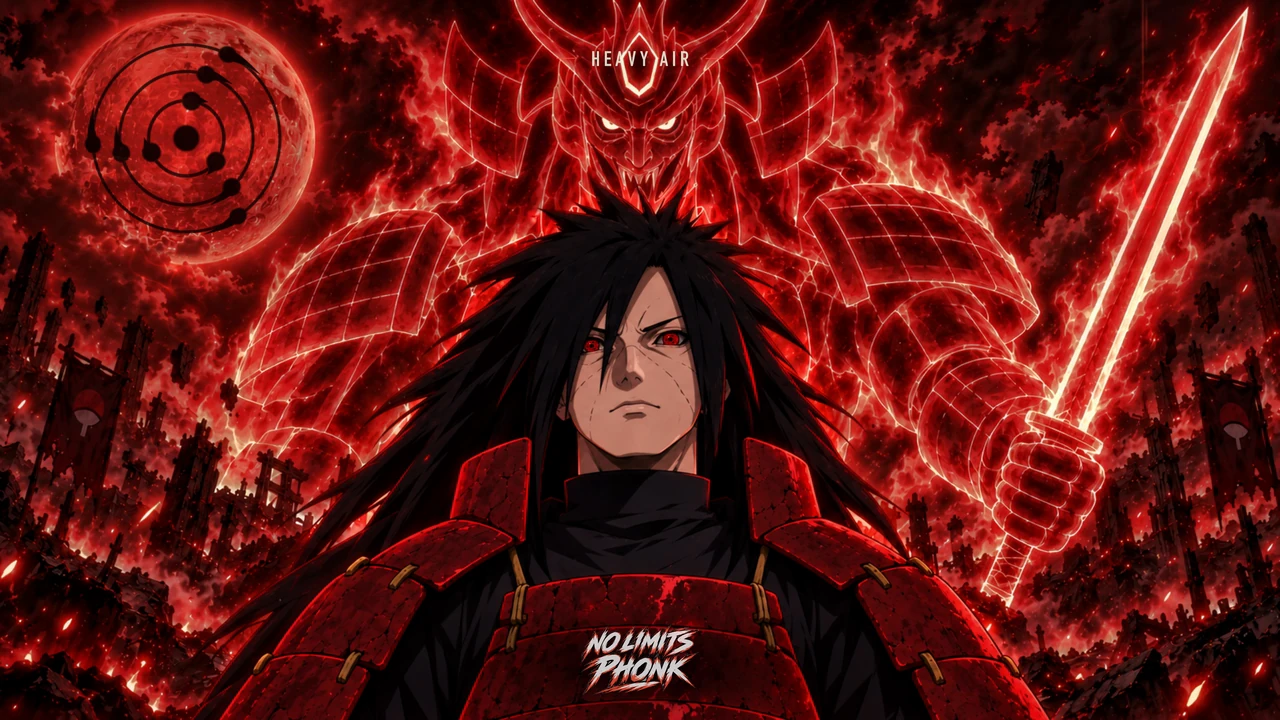 Madara Uchiha in red armor, with a red moon and a glowing armored figure behind him.