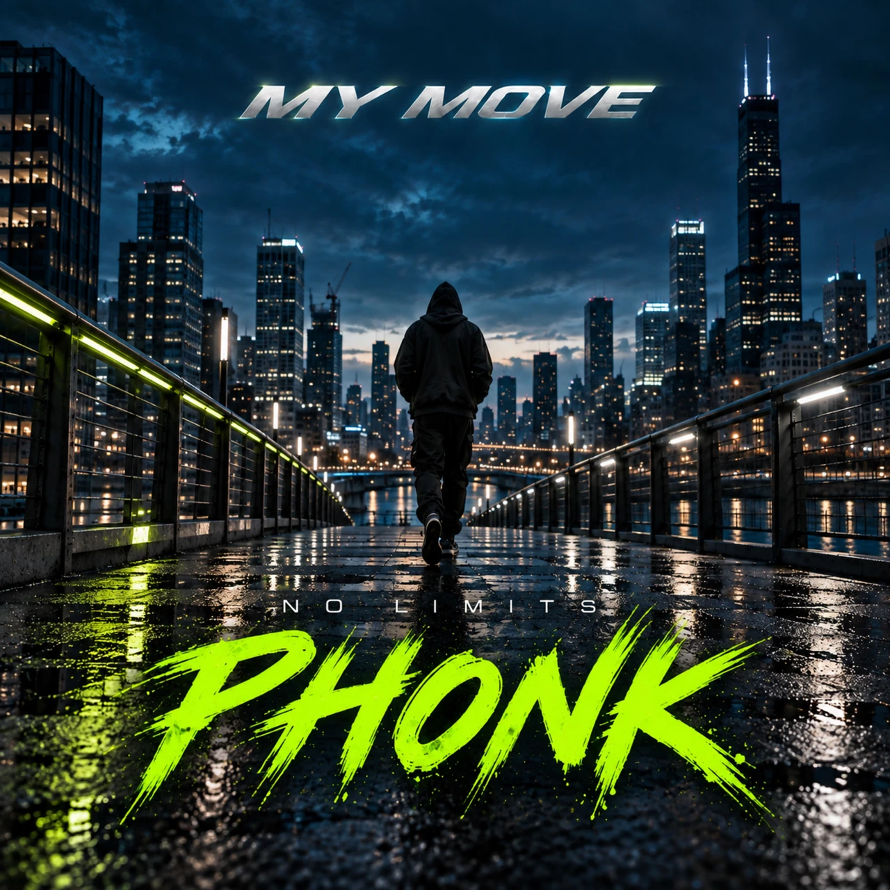 MY MOVE — شخص بغطاء رأس يواجه أفق مدينة ليلًا، وحروف NO LIMITS PHONK بالأخضر