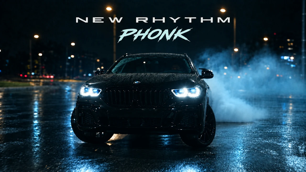 NEW RHYTHM — black BMW in blue light and drifting smoke