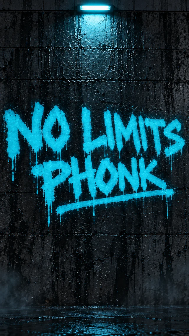 Стена с граффити NO LIMITS PHONK в чёрно-бирюзовом стиле проекта