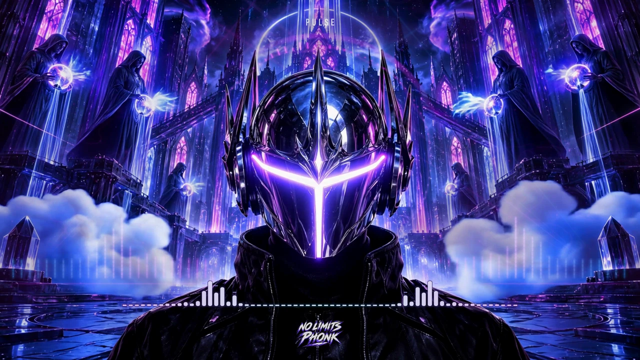 Black chrome helmet with a glowing violet visor inside a neon cathedral.